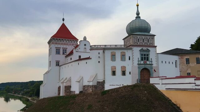 View of the Old Castle on a hill above the Neman River in Grodno. Fortress walls, churches, and a palace. A complex of defensive, religious, and secular structures. Belarus. 4К