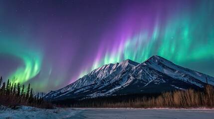Vibrant green and purple aurora dancing over snowy peaks, a celestial spectacle of nature's magic.