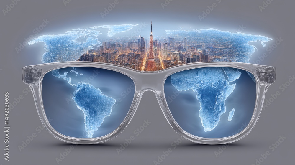 Poster innovative glasses reflect a global perspective showcasing a modern city illuminated at dusk with a 