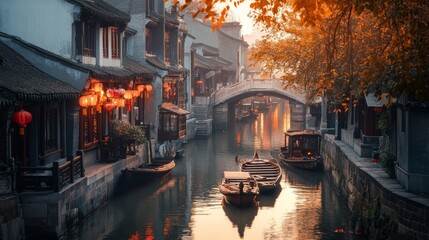 A serene river scene with traditional boats gliding through charming canals. Warm autumn colors envelop the historic architecture. Nature meets culture in harmony. Generative AI
