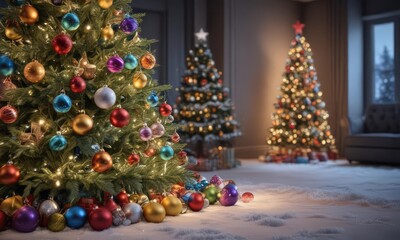 Festive Christmas tree, colorful baubles, sparkling lights, winter wonderland ,  shiny,  purple