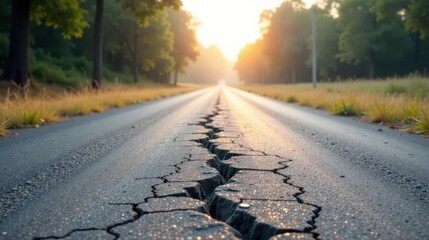 A sunlit road ahead, fractured asphalt surface, leading to a distant horizon