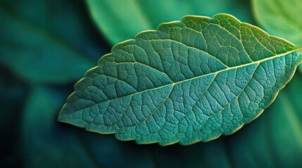 Teal leaf macro, vibrant veins, blurred green background, nature backdrop, website design