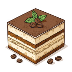 Create a bold, vector illustration of a layered tiramisu dessert, showcasing its texture and ingredients.  Focus on clean lines and strong contrasts.