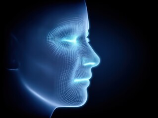 Obraz premium Digital representation of a human face with intricate wireframe mesh design showcasing advanced technological concepts and human expression reflected in a futuristic, innovative context