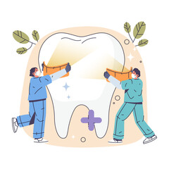 Teeth whitening oral or mouth procedure. Vector sign for dental brightening and tooth enamel cleaning, cosmetic oral care. Bleaching and stain maintenance. Medical dentistry people characters. Clinic.