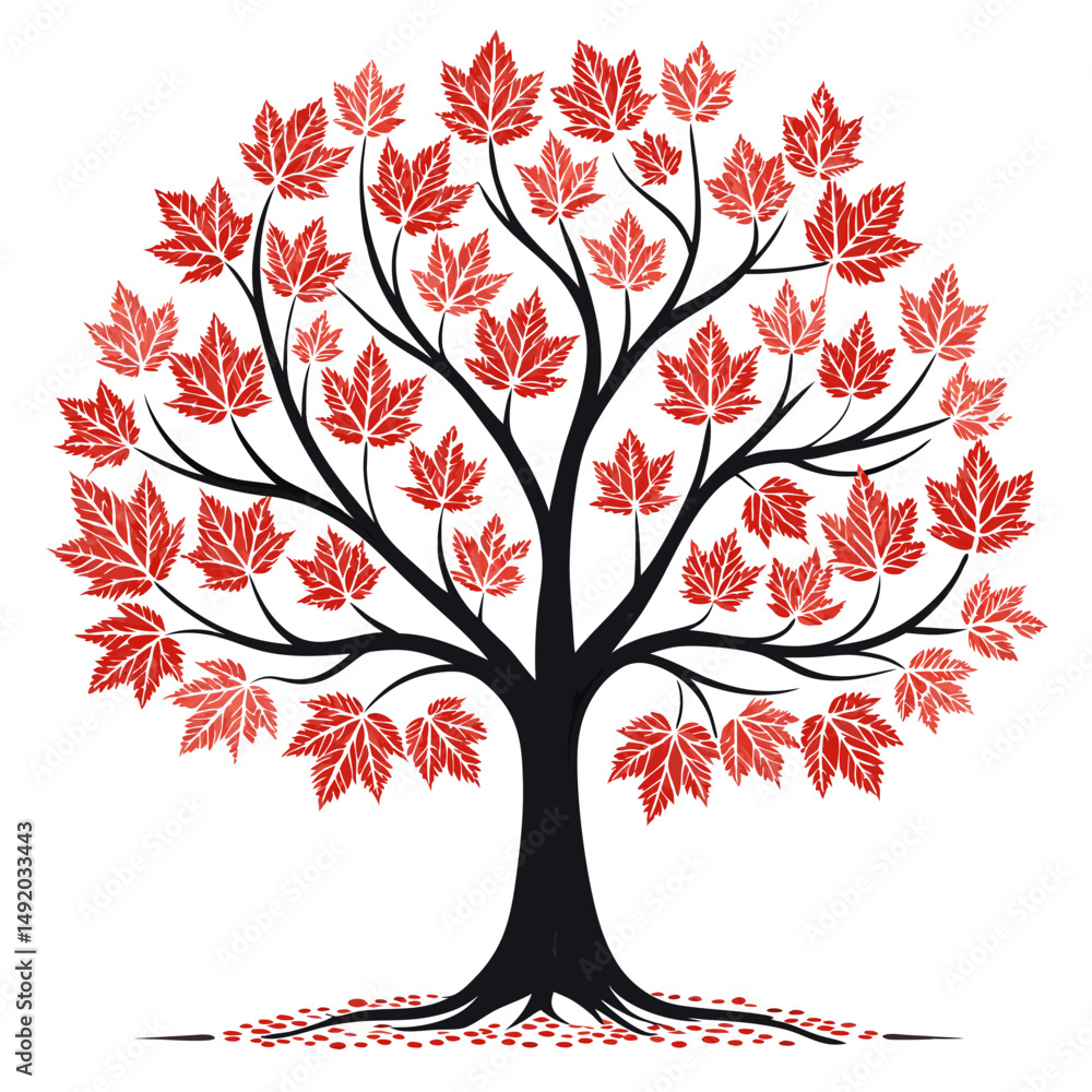 Poster create a bold, vector illustration of a maple tree with symmetrical branches, showcasing strong, def