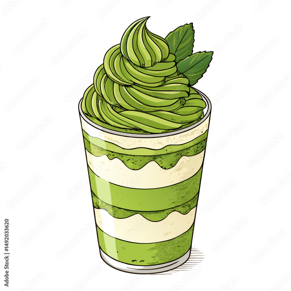 Poster create a bold, vector illustration of a matcha dessert parfait, emphasizing the layered texture and 