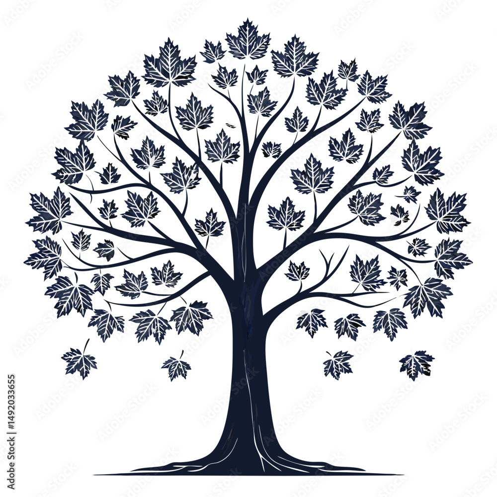 Poster create a vector illustration of a bold, stylized maple tree with symmetrical branching, featuring th