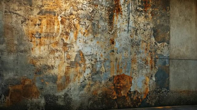 Weathered wall texture with rusty orange, grey, and brown hues, showing age and decay.  Floor subtly visible