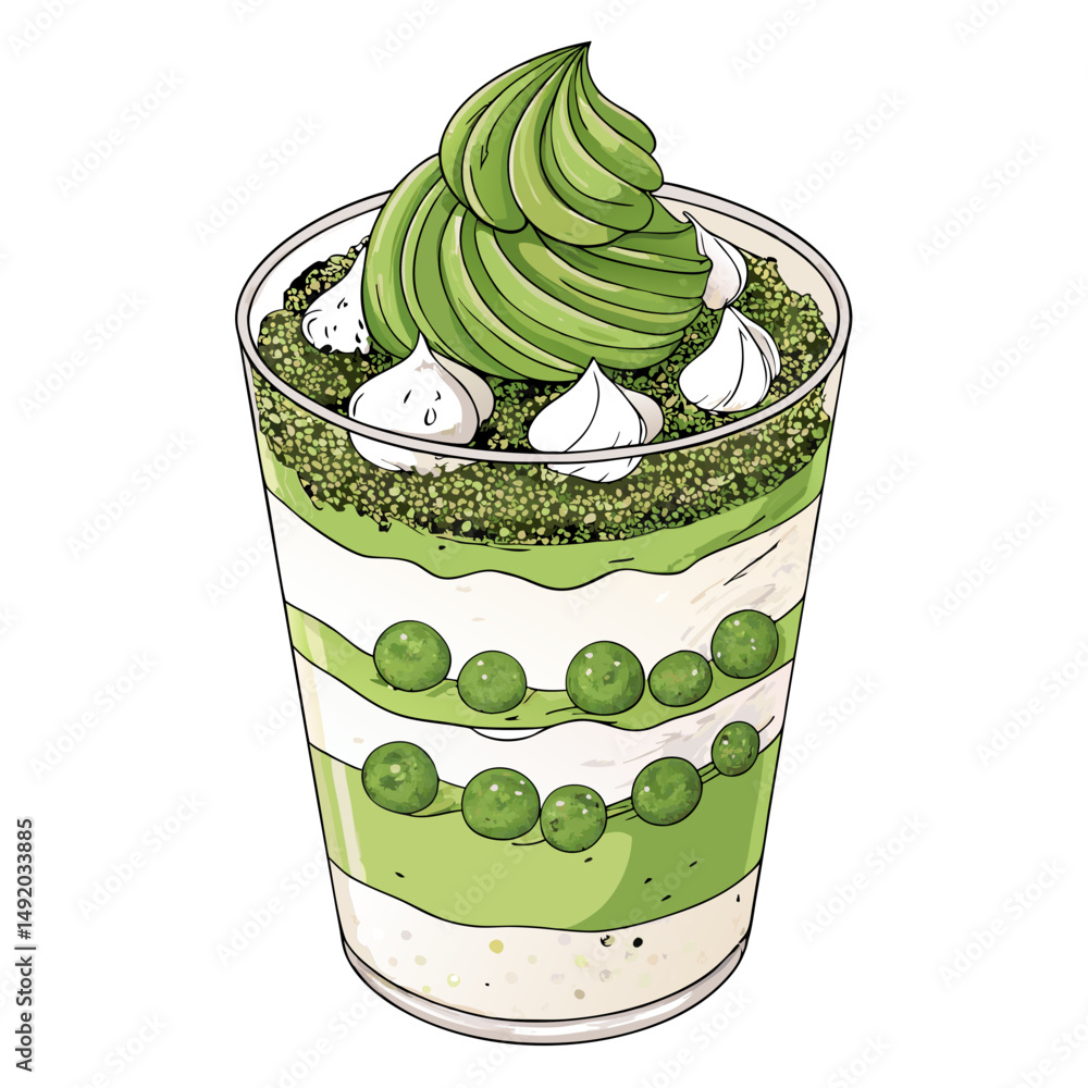 Poster create a bold vector illustration of a matcha dessert parfait, emphasizing texture and rich color gr