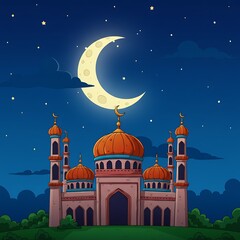 Crescent Moon Night: Serene Mosque Illustration
