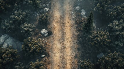 Foggy mountain path, aerial view, rocky terrain, adventure game background