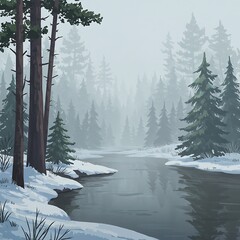 Serene Winter River: Misty Forest Painting
