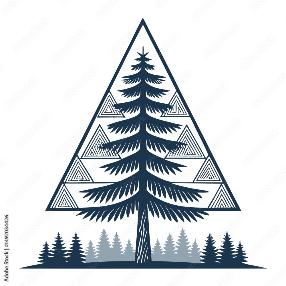 Poster create a bold, vector illustration of a pine tree with layered branches, showcasing texture and dept