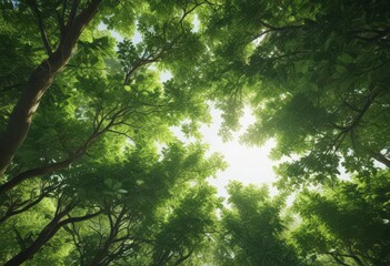 Dense, unfocused green canopy; dappled light filters through ,  calm,  trees
