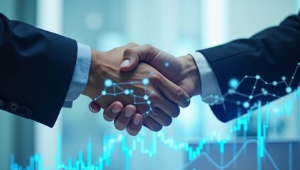 Deal. business man shaking hands with effect global network link connection and graph chart of stock market graphic diagram, digital technology, internet communication, teamwork, partnership concept