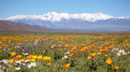 Fototapeta premium Vibrant wildflowers bloom in a vast field, with snow-capped mountains in the background under a clear blue sky.