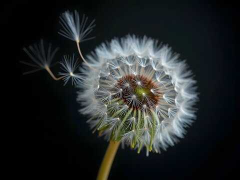 A single white dandelion seed head, a fluffy blowball of nature's seeds, stands isolated on a stark black background