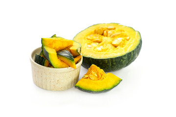 Baby Japanese Pumpkin on a white background. Baby Japanese Pumpkin Dark yellow flesh, sweet and creamy tasteand are high in fiber health-conscious people.	