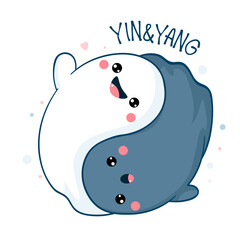 Halloween greeting card with yin yang spirits. Two cute black and white ghosts in the shape of yin yang. Can be used for t-shirt print, stickers, greeting card design. Vector illustration EPS8