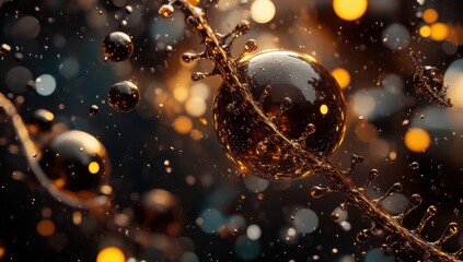 Abstract, dynamic display of liquid spheres and streams, illuminated by warm, bokeh lights
