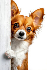 Obraz premium A small brown and white dog peeking out from behind a white wall