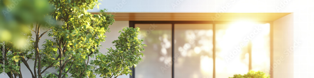 Poster modern architecture with verdant aesthetics: a contemporary architectural composition merges the sle