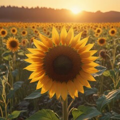 Obraz premium Golden sunflower, vibrant meadow, sunset glow, tranquil, light, picturesque