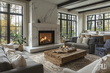 Elegant living room with white marble fireplace, dark gray sofas, light brown linen armchairs, rustic wooden coffee table, and navy blue accent chairs