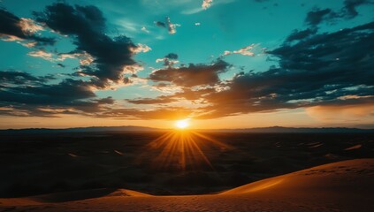 Dramatic sunset over desert dunes