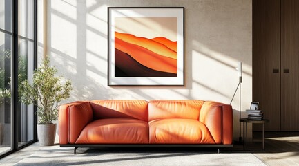 Modern living room with orange sofa and abstract art.  Sunlit interior design