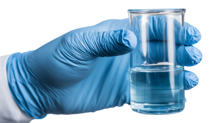 Gloved Hand Holding a Glass Cylinder with Light Blue Liquid, PNG