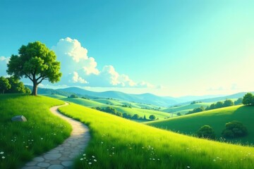 Obraz premium Serene Rolling Hills Landscape with Winding Path and Lush Green Meadows under a Sunny Sky
