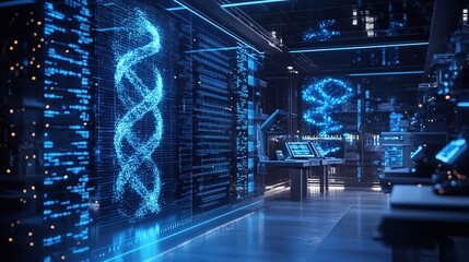 Futuristic Data Center with DNA Visualization