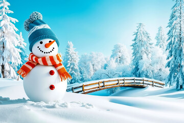 Naklejka premium A snowman wearing a hat and scarf standing in the snow