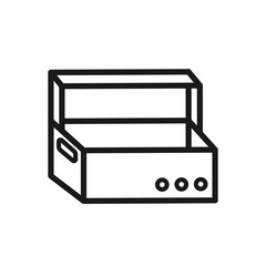 Vector illustration of an open footwear box icon in simple black outline style. Perfect for use in online stores, packaging design, shoe shop branding, delivery services. Isolated vector illustration