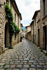 Fototapeta premium Cobblestone Lane A Picturesque View of Historic European-Style Architecture with Lush Greenery and Charming Stone Buildings