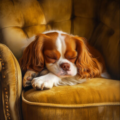 a cavalier king charles spaniel puppy sleepyng on an elegant armchair