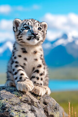 Obraz premium A baby snow leopard sitting on top of a rock in the mountains
