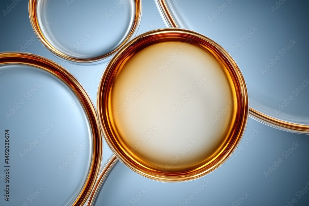 Poster abstract circular forms with golden and blue reflections creating a contemporary artistic compositio
