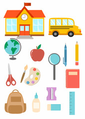 Colorful school elements including building, bus, backpack, globe, books, stationery, and art supplies. Ideal for education, back to school, and kids designs