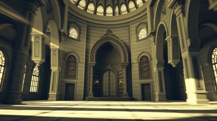 Obraz premium Grand hall interior with arched doorways and ornate detailing exhibits light and architectural form.
