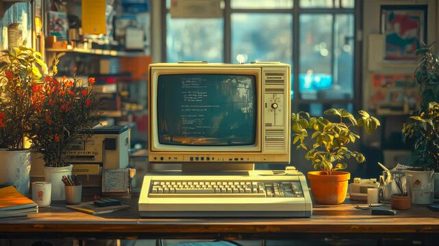 A vintage desktop computer sits on a wooden desk surrounded by plants and office supplies, evoking nostalgia for old technology in a warm, retro workspace
