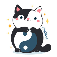 Cat with Yin yang symbol. Cute black and white kitty and yin yang sign. Can be used for t-shirt print, stickers, greeting card design. Vector illustration EPS8