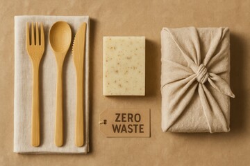 Zero waste essentials including bamboo utensils, soap bar, and gift wrapped in reusable cloth on a kraft paper background.