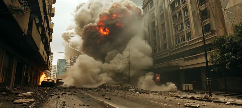 Bomb smoke blast after airstrike on building at city. War damage. Generative video AI technology.