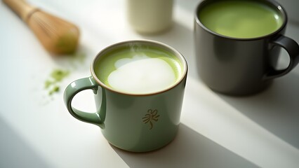 Delicious Matcha Latte in Green Mug, Sunny Morning