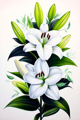Obraz premium A bouquet of white lilies with green leaves on a white background
