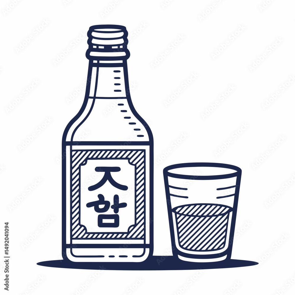 Poster create a bold, vector illustration of a soju bottle and glass, emphasizing clean lines and strong st